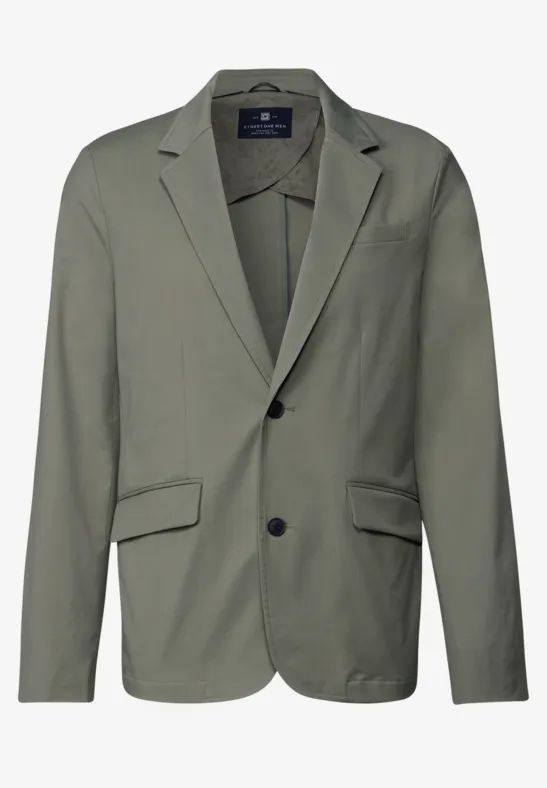 Olijfgroene blazer met twee knopen en klepzakken.