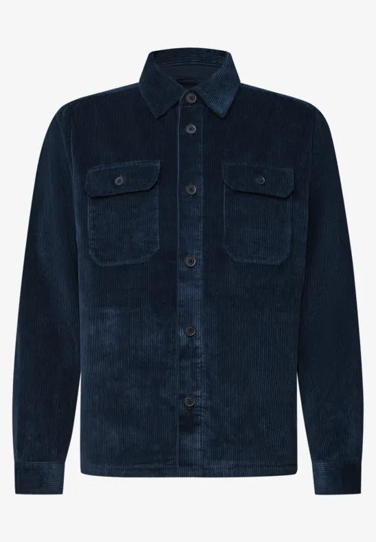 Donkerblauw corduroy overshirt met knopen en borstzakken.