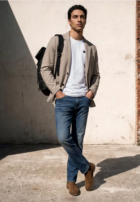 Man in jeans, wit t-shirt, beige jas en bruine schoenen, met rugzak, staand voor een muur.