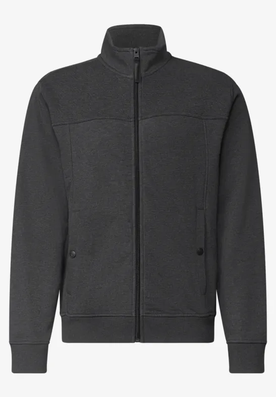 Schwarze Sweatjacke mit Stehkragen, Reißverschluss und zwei Seitentaschen.
