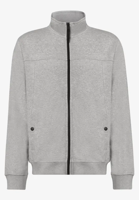 Hellgraue Fleecejacke mit durchgehendem Reißverschluss, Stehkragen, Eingrifftaschen und Rippbündchen