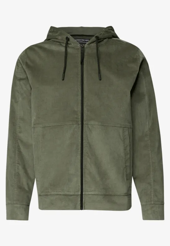 Olivgrüner Kapuzenpullover mit durchgehendem Reißverschluss, Kängurutaschen und gemütlicher Passform.
