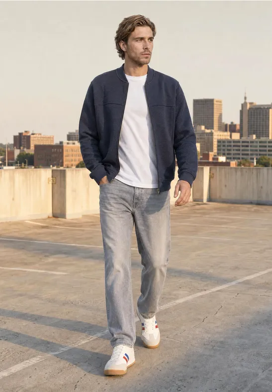 Un homme en jean, t-shirt blanc et veste marche sur un parking en toiture avec la silhouette urbaine en arrière-plan.