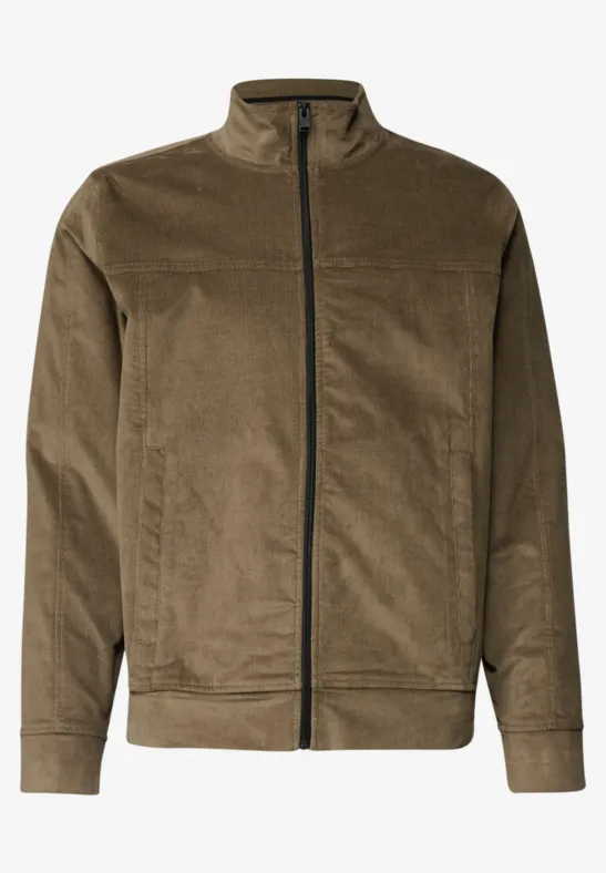 Veste en velours côtelé olive, col montant, fermeture éclair, manches longues, coupe droite.