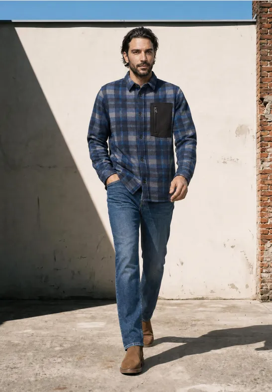 Een man in een blauw geruite blouse, spijkerbroek en bruine laarzen loopt buiten.