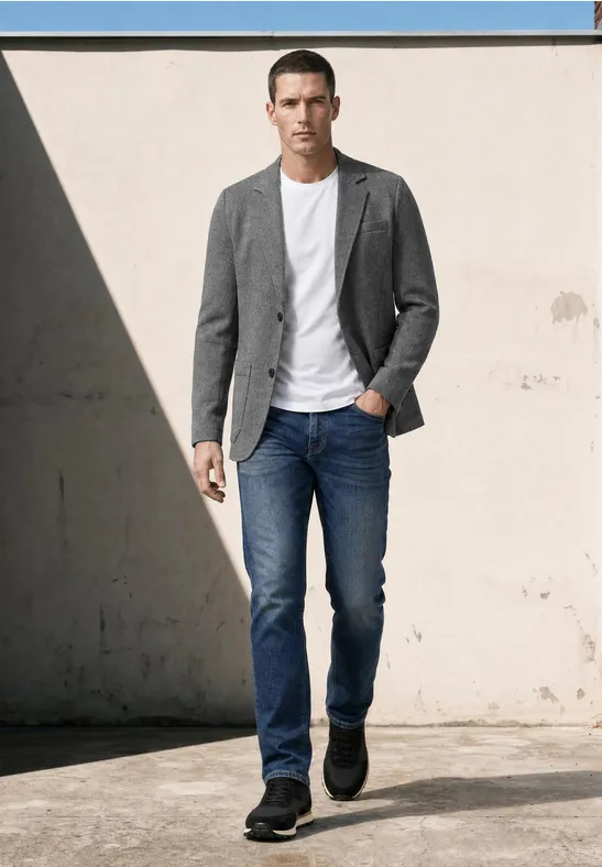 Ein Mann mit grauem Sakko, weißem T-Shirt und blauen Jeans spaziert an einer sonnigen Wand entlang.