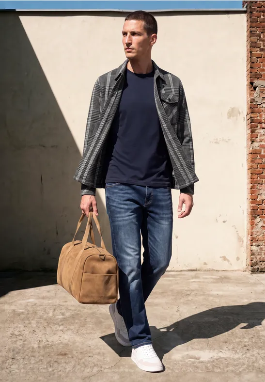 Ein Mann geht an einer Wand entlang und trägt eine Tasche.