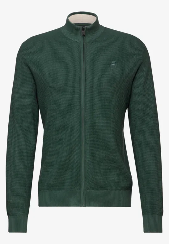 Veste tricotée vert foncé à fermeture éclair et col montant.