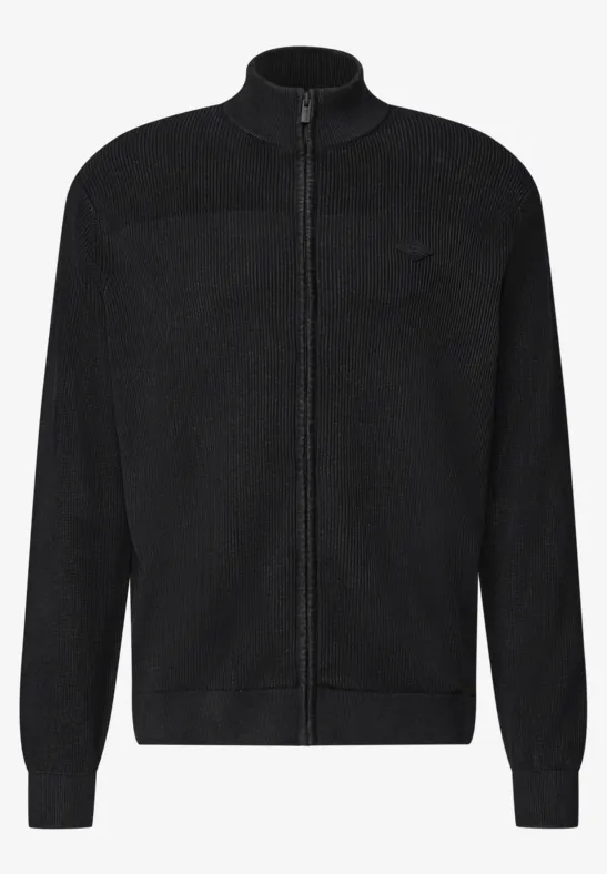 Schwarze Zip-Jacke mit Stehkragen, langärmelig und schlicht geschnitten.