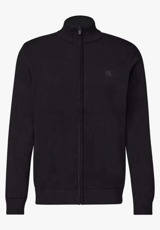 Zwarte vest met ritssluiting over de volle lengte en opstaande kraag.