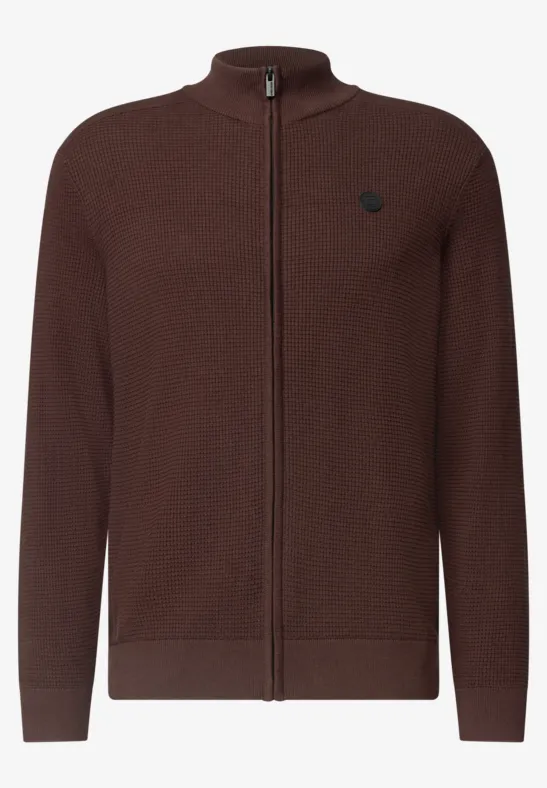 Brauner Strick-Cardigan mit Reißverschluss, Stehkragen und feinem Logo auf der Brust.