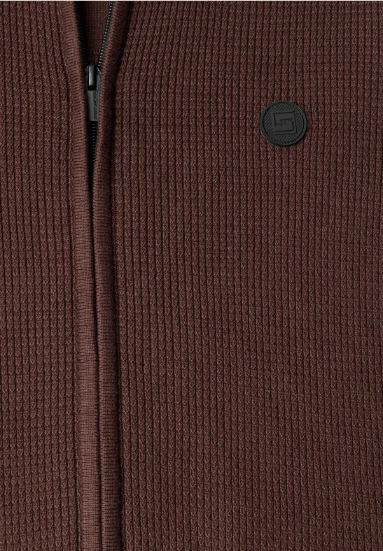 Braune Strickjacke mit Reißverschluss und kleinem rundem Logo