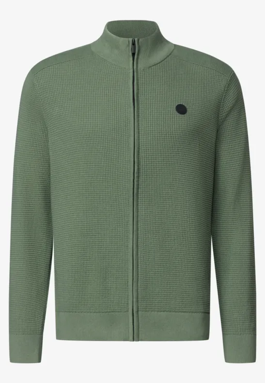 Grüner Reißverschluss-Strickcardigan mit Stehkragen und kleinem schwarzem Logo auf der Brust.