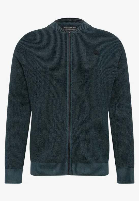 Dunkelgrüne Strickjacke mit durchgehendem Reißverschluss, weichem Fleece und dezentem Brust-Logo.