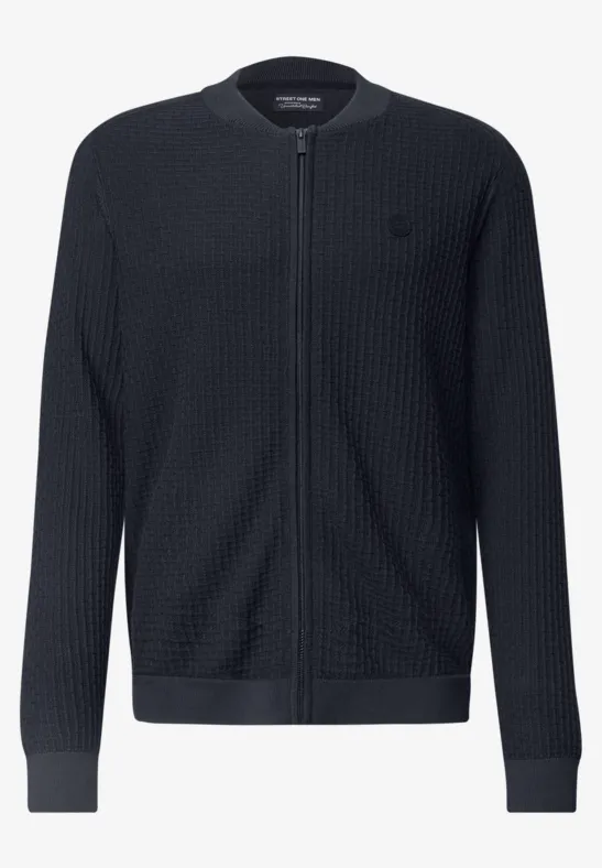 Dunkelgraue Strickjacke mit Reißverschluss, Waffelmuster und Rundhalsausschnitt