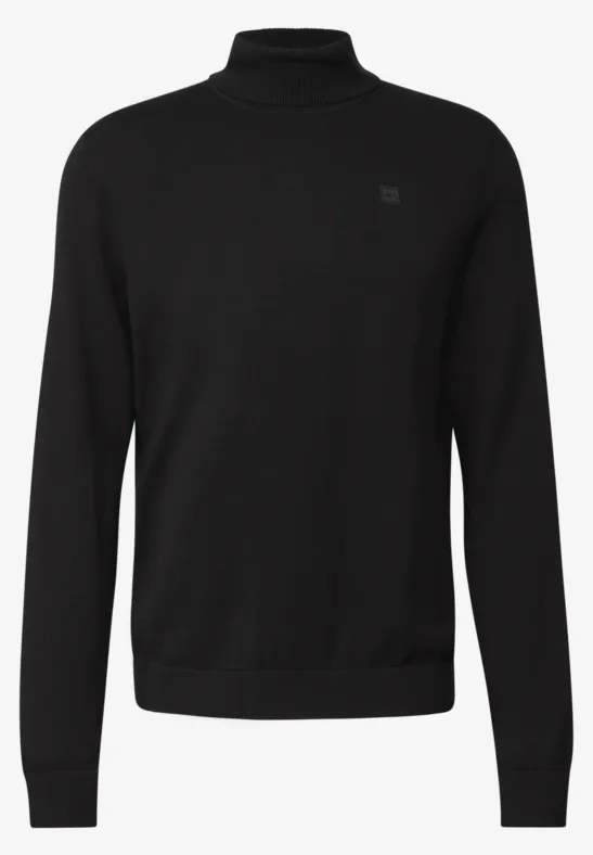 Schwarzer Rollkragenpullover mit langen Ärmeln und schlichtem Design.