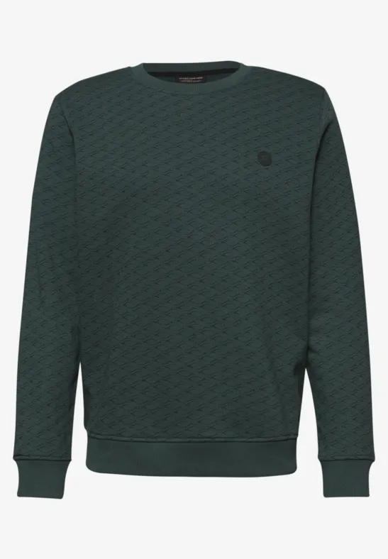Ein dunkelgrüner, gesteppt strukturierter Pullover mit Rundhalsausschnitt und Logo auf der Brust.