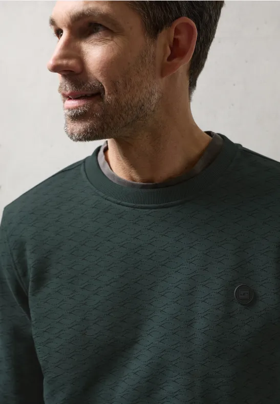 Mann trägt ein dunkelgrünes Sweatshirt mit feinem Rautenmuster und kleinem Logo auf der Brust.