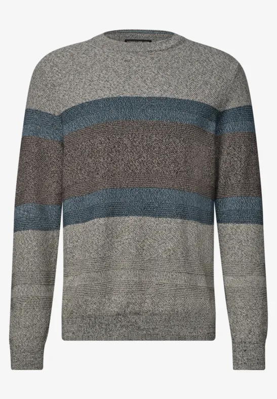 Grau-braun-blau gestreifter, langärmliger Strickpullover mit Rundhalsausschnitt.