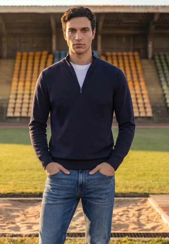Een man in jeans en een marineblauwe trui staat voor lege stadiontribunes.