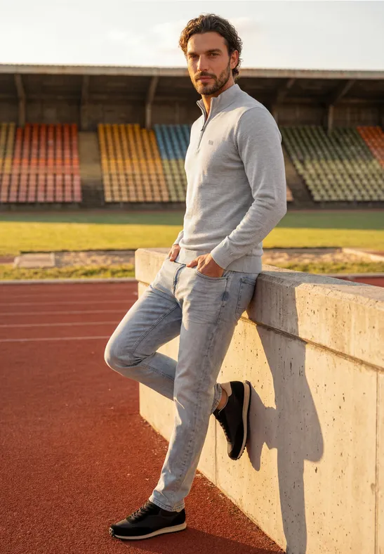 Ein Mann in lässiger Sportkleidung lehnt entspannt an einer Stadionmauer neben der Laufbahn.