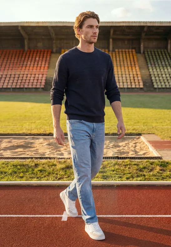 Een man in spijkerbroek en trui loopt over een atletiekbaan in een stadion bij daglicht.
