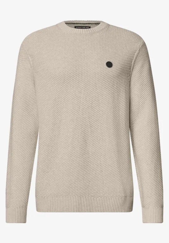 Beige gebreide trui met ronde hals en reliëfmotief