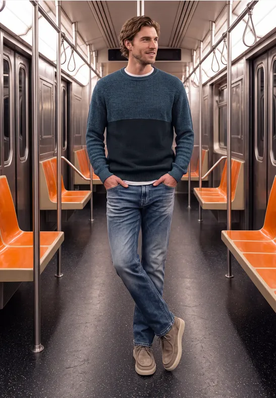 Een glimlachende man in spijkerbroek en trui staat ontspannen in een lege metro.