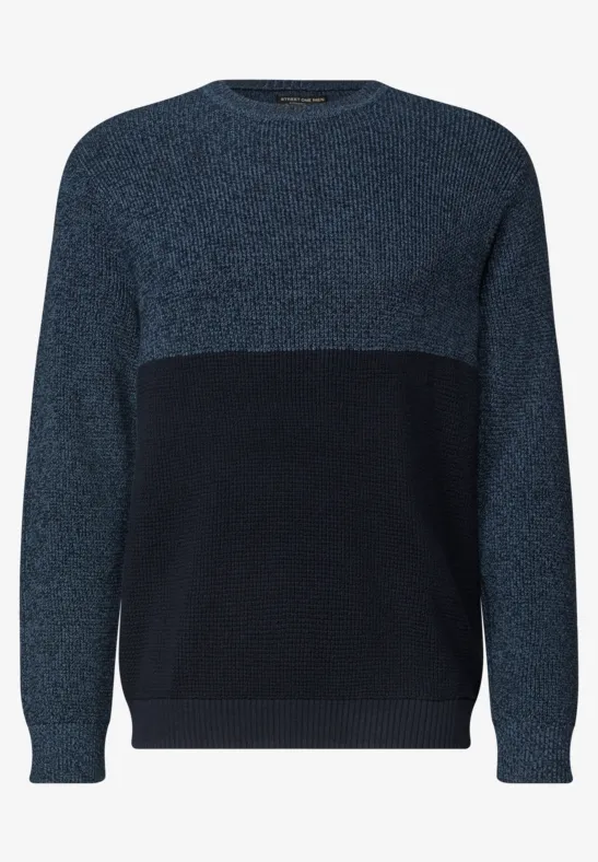Donkerblauwe, gestructureerde trui met ronde hals en kleurblokontwerp in navy en donkerblauw.