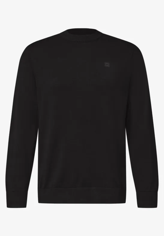 Schwarzer, langärmliger Pullover mit Rundhalsausschnitt und dezenter Logostickerei