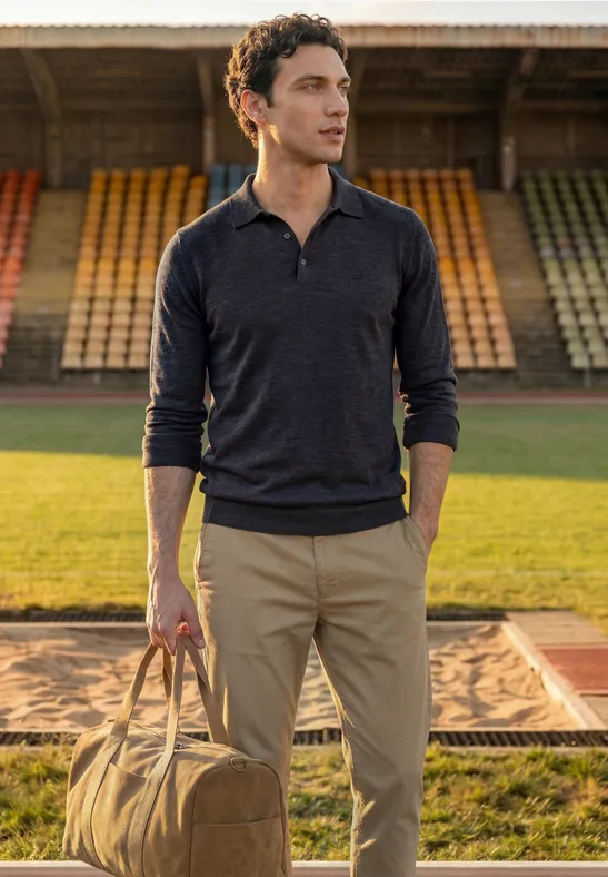 Een man in donkerblauwe trui en beige broek houdt een reistas vast op een atletiekbaan.