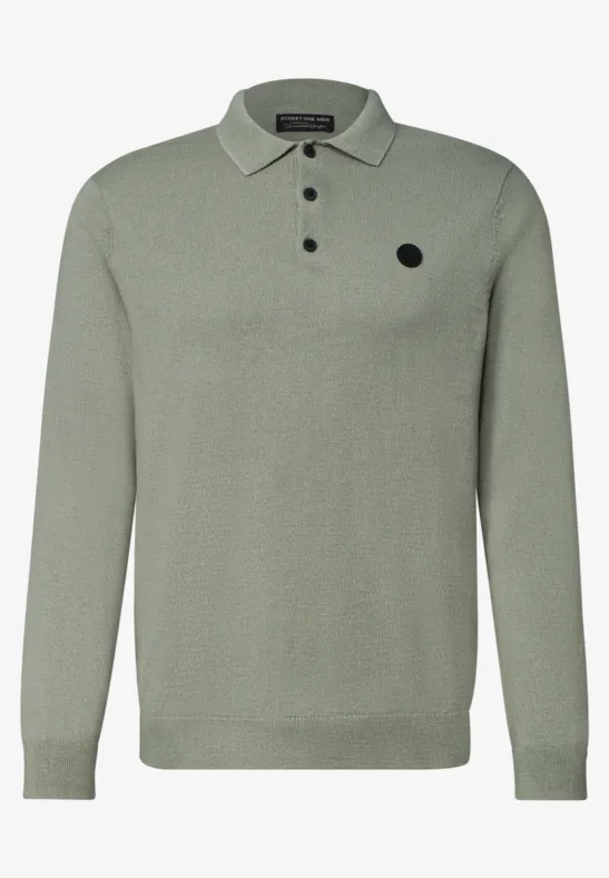 Groene, gemêleerde polo trui met lange mouwen, knoopsluiting en klein logo-patch.