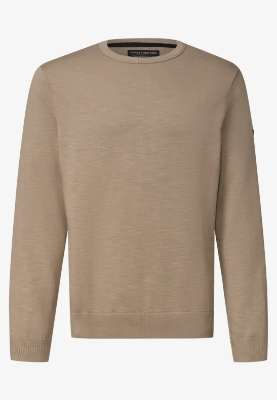 Beige, lange mouwen trui met ronde hals, fijngebreid en tijdloos.