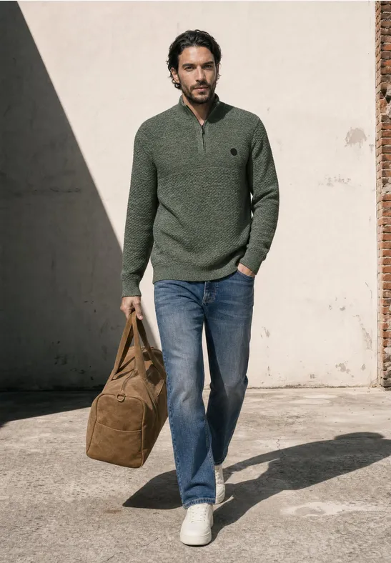 Ein Mann in grünem Pullover und Jeans trägt eine Tasche und geht an einer Hauswand entlang.
