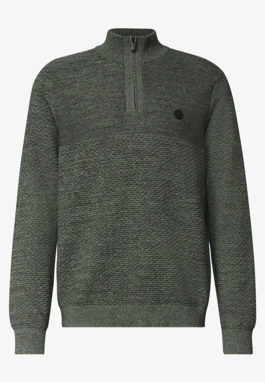 Grauer Strickpullover mit verstecktem Reißverschluss bis zur Brust, Rippstrickbündchen und kleinem Logo.