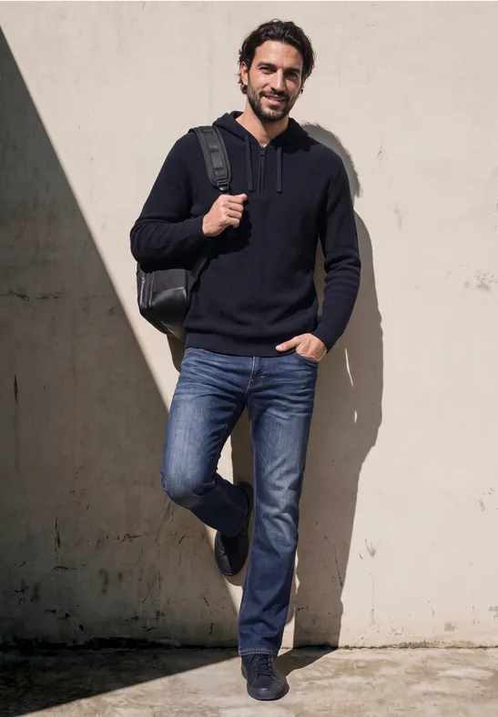 Un homme barbu en jean et pull, sac à dos, marche devant un mur clair.