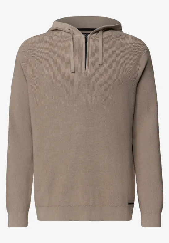 Effen beige capuchontrui met buidelzak en trekkoord.