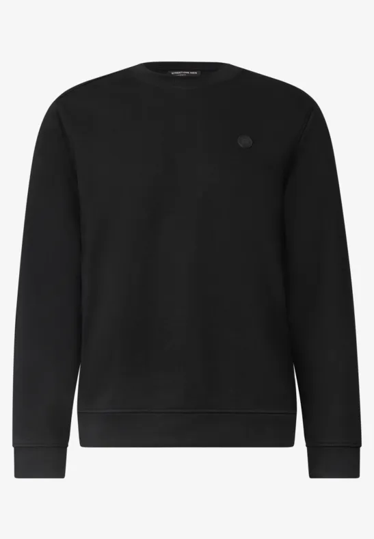 Schwarzes schlichtes Sweatshirt mit Rundhalsausschnitt und dezentem Logo auf der Brust.