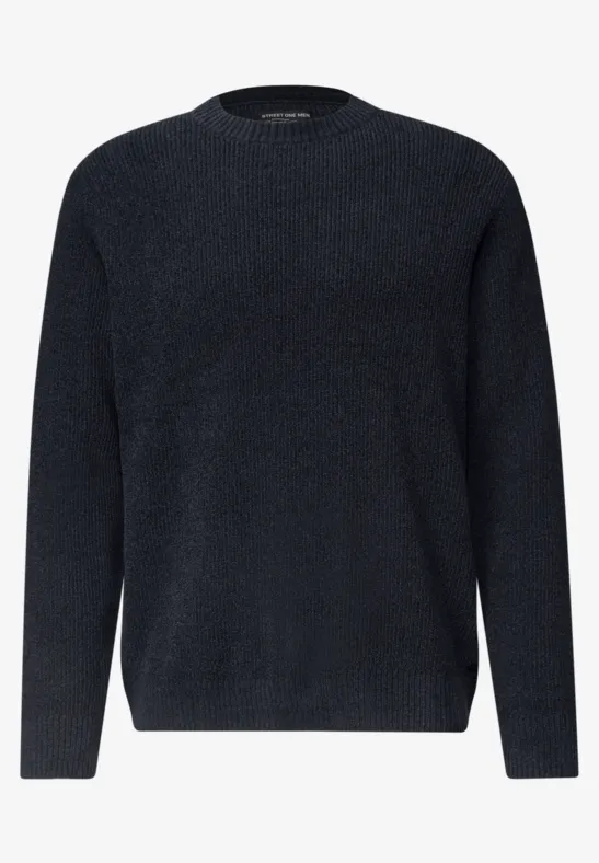 Dunkelblauer, langärmliger Pullover mit Rundhalsausschnitt.