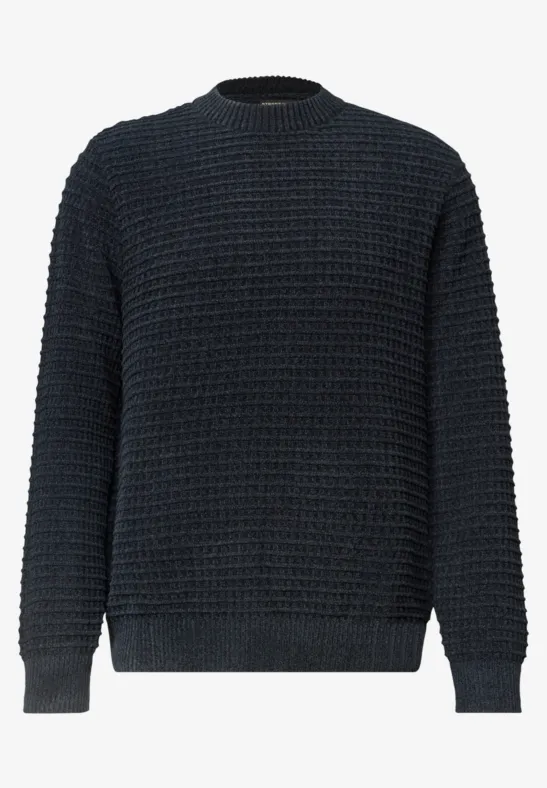 Dunkelblauer Strickpullover mit feiner Waffelstruktur, Rundhals und langen Ärmeln.