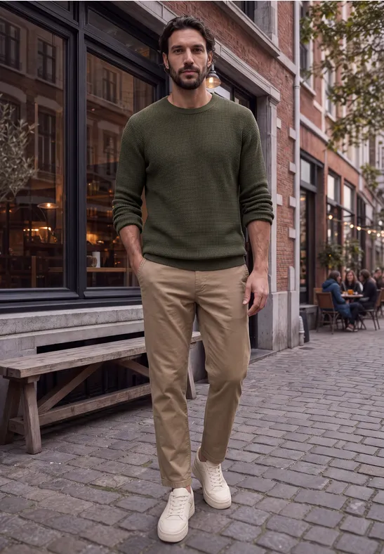 Ein Mann in grünem Pullover, beigen Hosen und weißen Sneakers steht auf Kopfsteinpflaster vor einem Café.