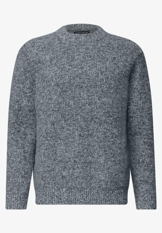 Grauer Rundhals-Pullover aus weichem Strick mit langen Ärmeln.