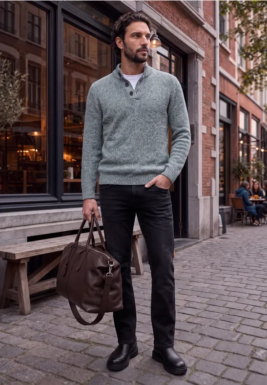 Man met grijze trui en zwarte broek draagt reistas en loopt langs een café op kasseien.