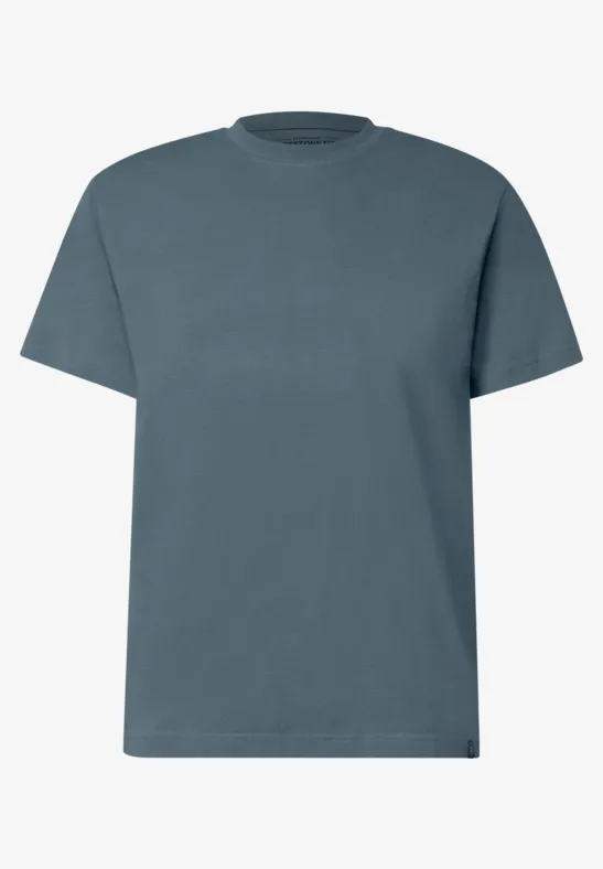 Een eenvoudig effen blauwgrijs T-shirt met ronde hals.