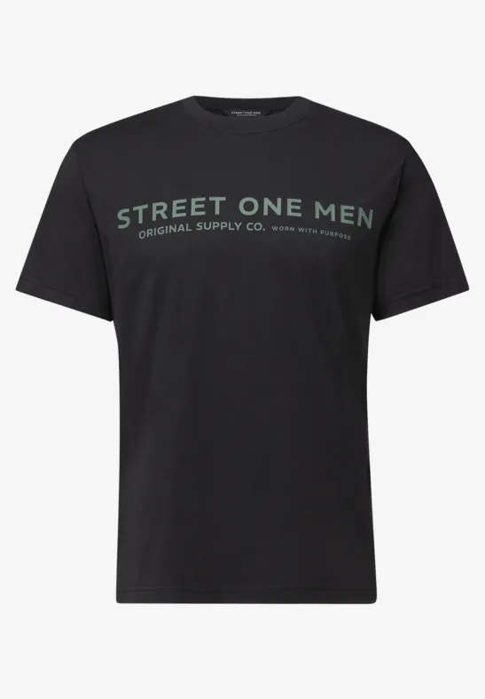 Schwarzes Herren-T-Shirt mit grünem „STREET ONE MEN“-Print.