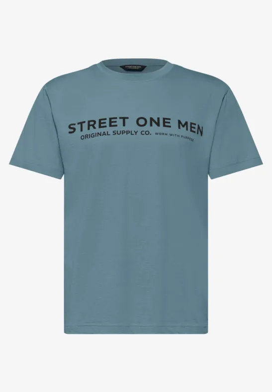 T-shirt homme turquoise à col rond, impression noire 'STREET ONE MEN' sur la poitrine.
