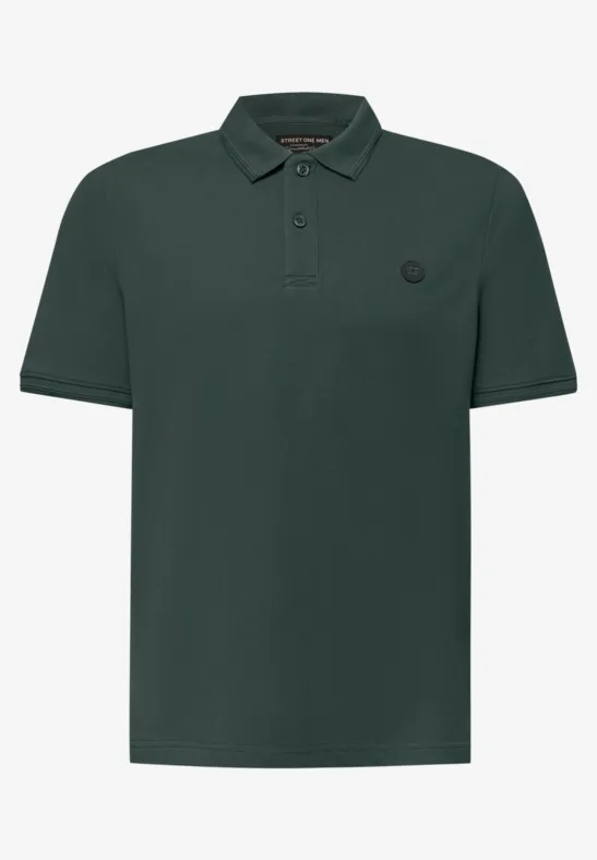 Dunkelgrünes kurzärmeliges Poloshirt mit Knopfleiste und Kragen, schlicht und elegant.