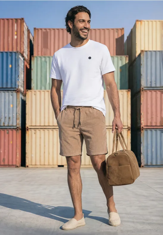 Een glimlachende man in witte t-shirt en beige korte broek draagt een bruine tas voor gestapelde containers.