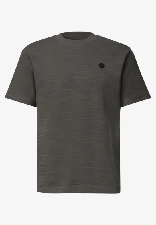 Effen donkergrijs T-shirt met subtiele structuur en klein rond logo op de borst.