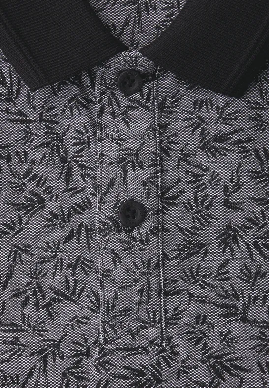 Graues Hemd mit schwarzem Blattmuster, schwarzem Kragen und Knopfleiste.